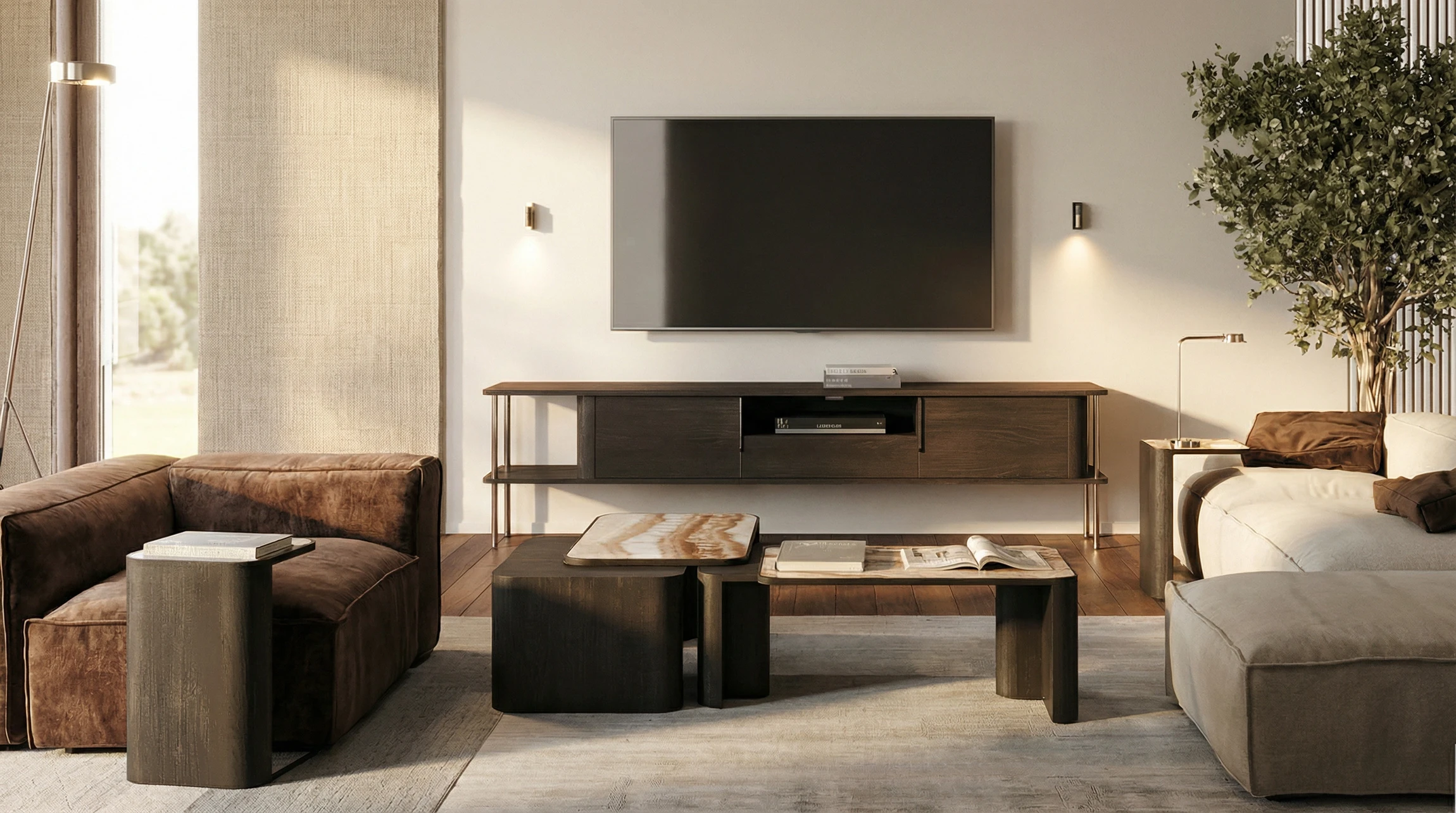 Salon moderne minimaliste avec canapé gris anthracite, deux fauteuils en bois clair avec coussins beiges, table basse ronde