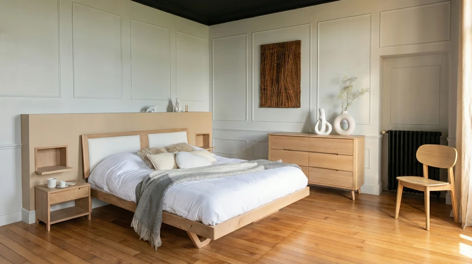 Chambre moderne de style industriel avec cheminée encastrée, fauteuils en cuir cognac, télescope sur trépied près de grandes fenêtres à cadres noirs