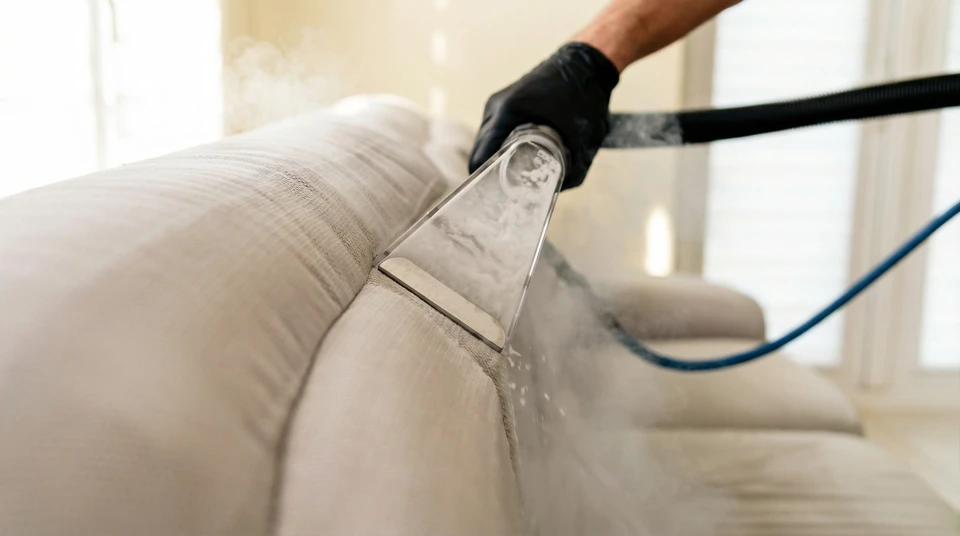 Scène intérieure de nettoyage domestique avec serpillière à franges bleues en microfibre, seau rouge contenant éponges colorées et chiffons