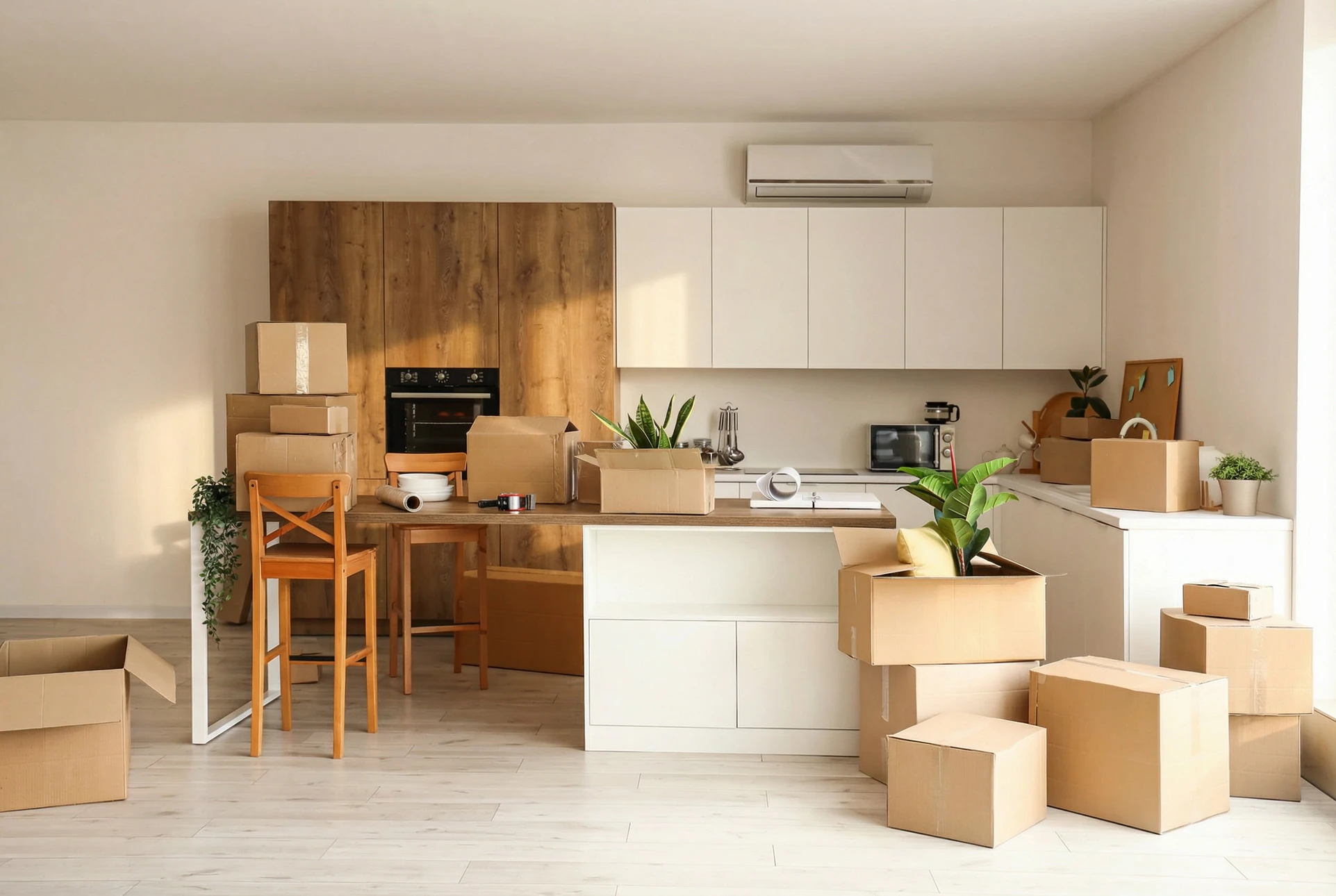 Deux déménageurs en salopettes bleues et casquettes chargent un camion de déménagement