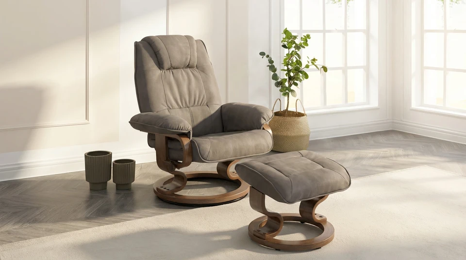 Intérieur moderne avec mobilier design scandinave: fauteuil gris chiné sur structure bois, buffet bas en bois naturel avec platine vinyle vintage ouverte, vase céramique marron, plante cycas en pot noir texturé