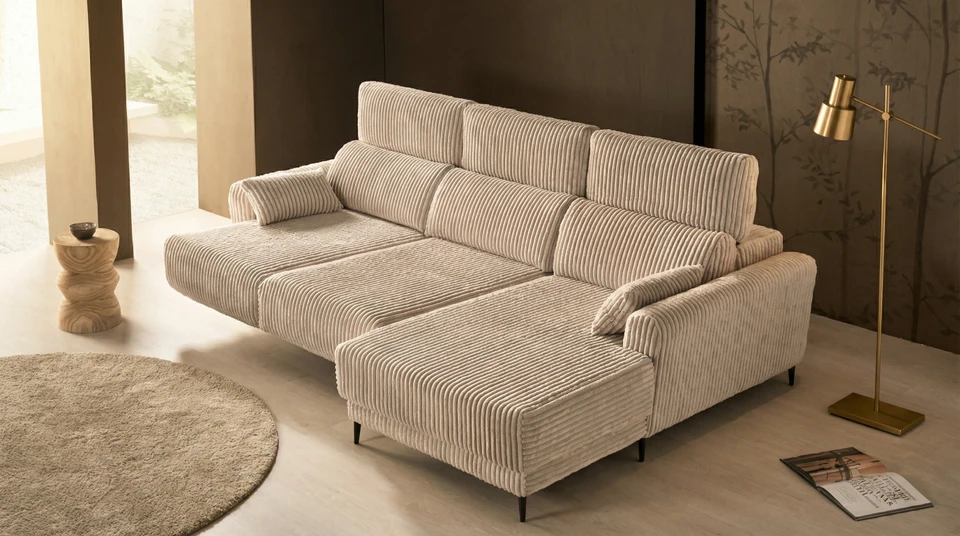 Personne tenant une tablette tactile affichant un canap&eacute; gris avec coussins orange en r&eacute;alit&eacute; augment&eacute;e dans un int&eacute;rieur domestique minimaliste aux murs blancs et parquet bois clair