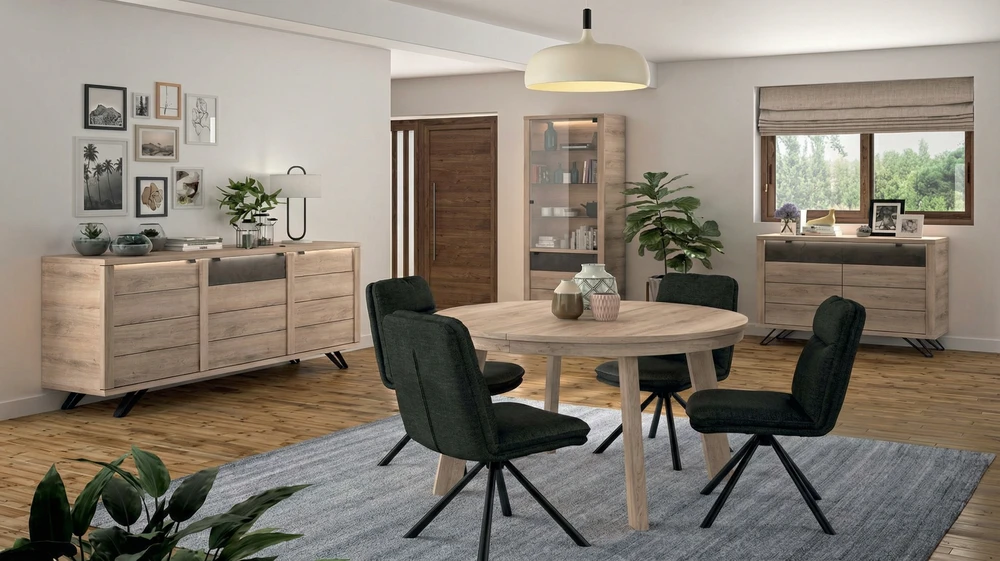 Cuisine moderne avec îlot central en bois massif, chaises design scandinave et suspension en fibres naturelles