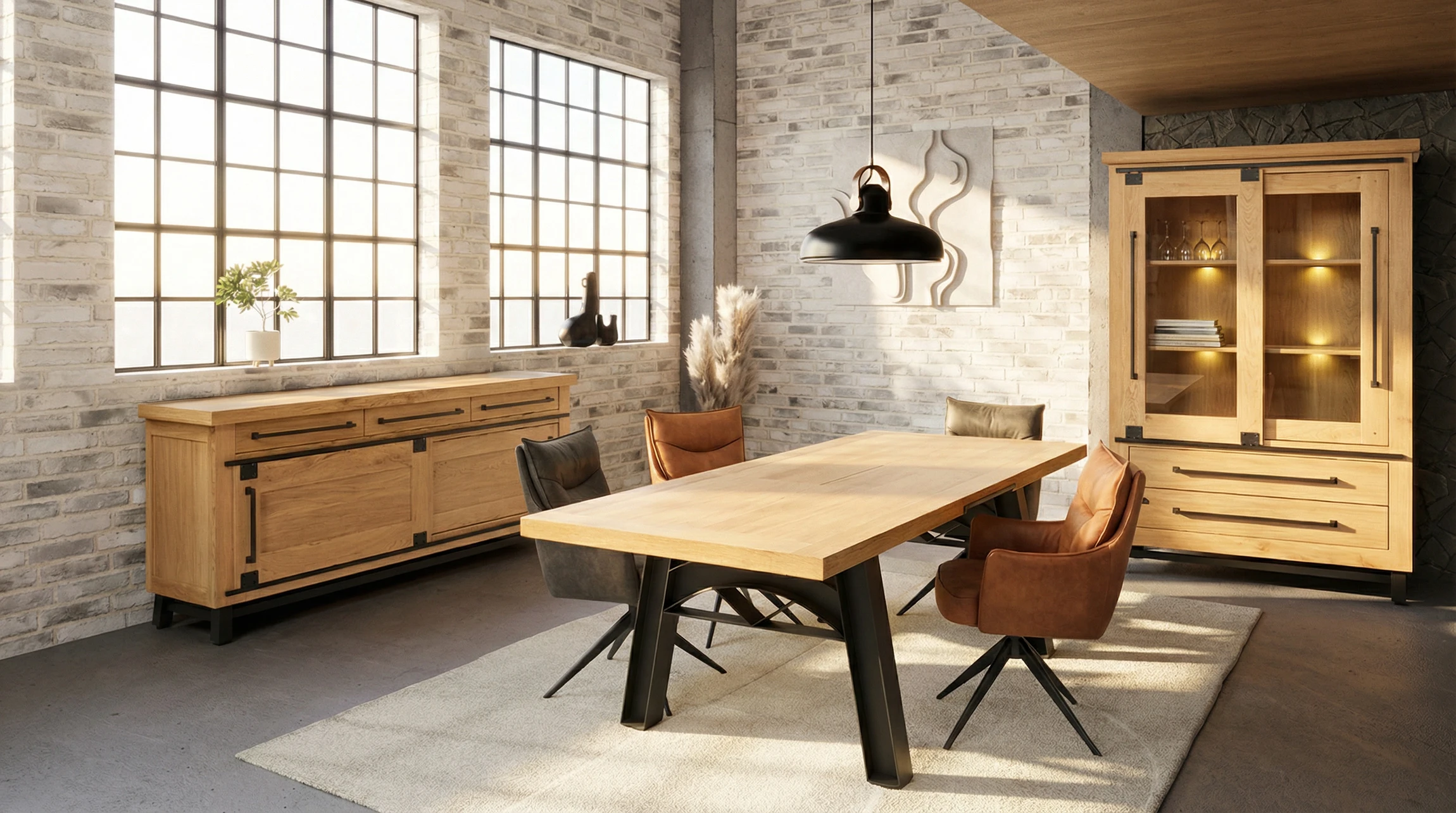 Table à manger, chaises noires, affiche jaune, plantes et porte-monnaie en bois de chauffage dans une salle moderne intérieure