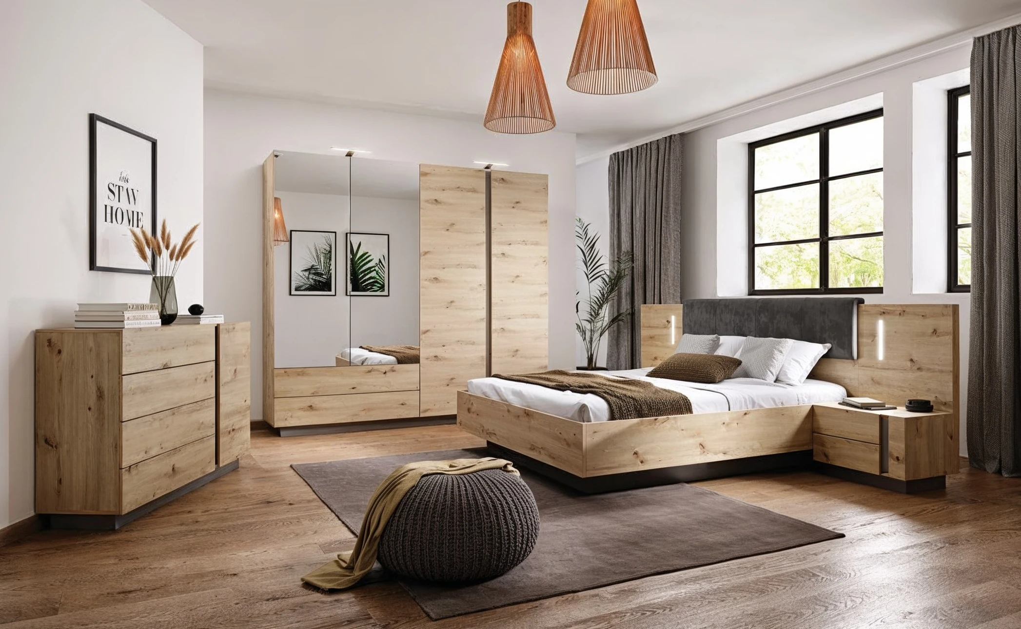 Concept moderne de chambre style intérieur, décoration de moquette en osier encadrée par une cheminée, arrière-plan gris mur en pierre