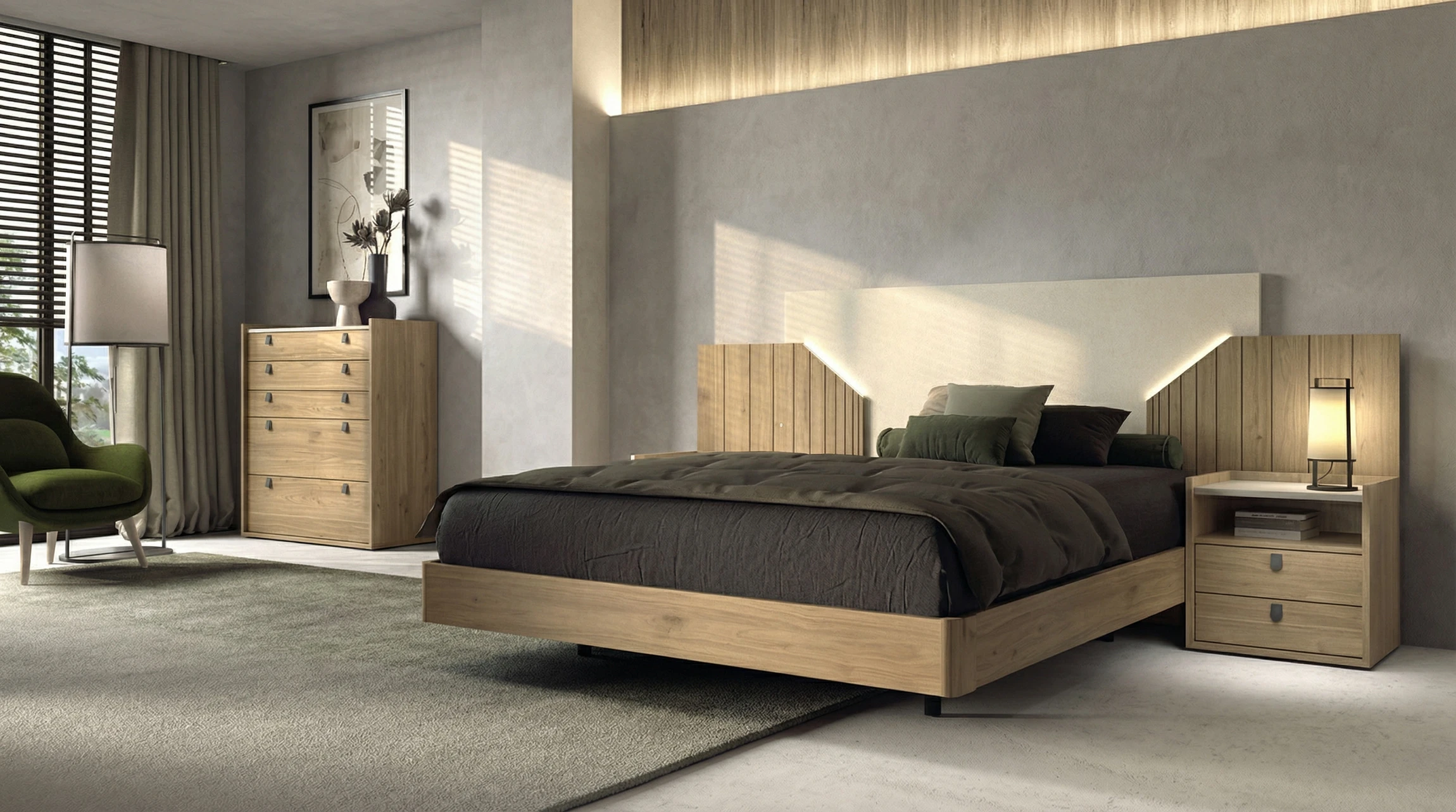 Chambre moderne avec lit double aux draps blancs, oreillers décoratifs verts et beiges disposés sur la tête de lit