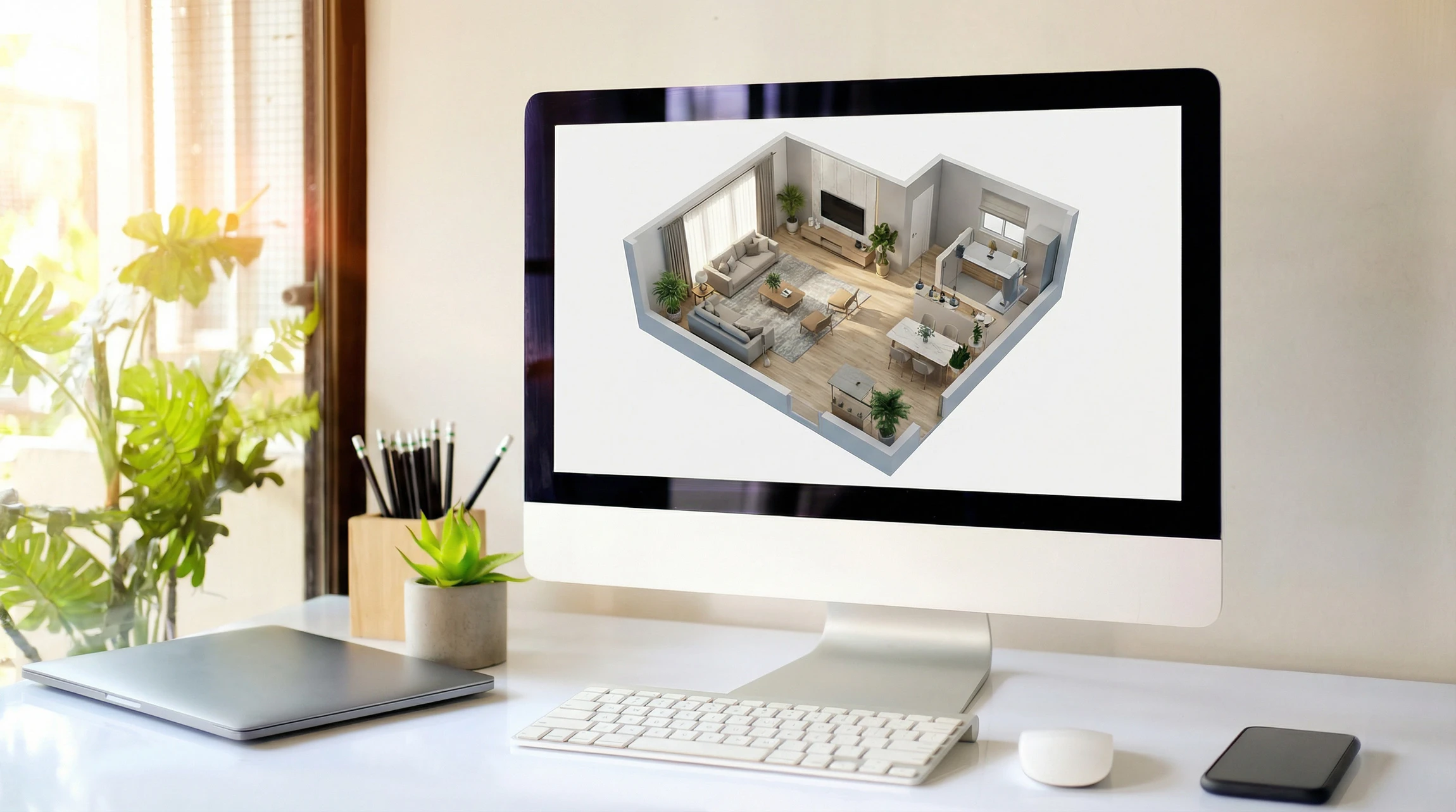 Homme d'affaires en costume gris et cravate bleue tenant une maquette architecturale détaillée d'une maison moderne avec intérieur visible, sur fond urbain flou avec gratte-ciels